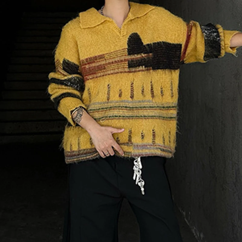 Stylish Mens Contrast Color Sweaters Autumn Winter Outdoor Casual Long Sleeve Lapel Knit Jumpers Men Vintage Knitited Polo Shirt
