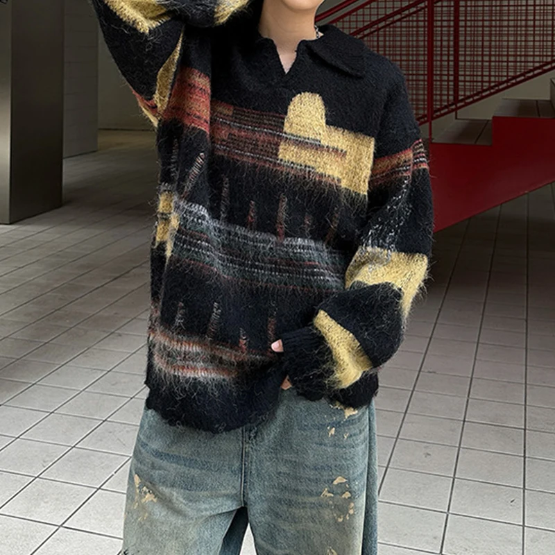 Stylish Mens Contrast Color Sweaters Autumn Winter Outdoor Casual Long Sleeve Lapel Knit Jumpers Men Vintage Knitited Polo Shirt