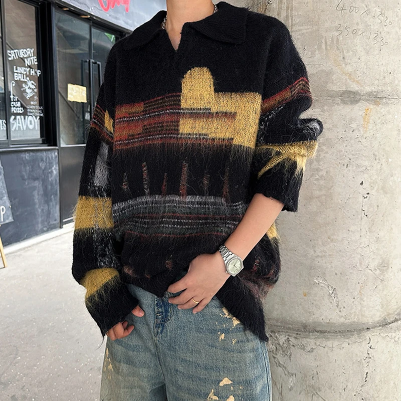 Stylish Mens Contrast Color Sweaters Autumn Winter Outdoor Casual Long Sleeve Lapel Knit Jumpers Men Vintage Knitited Polo Shirt
