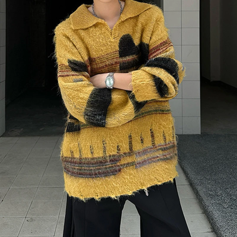 Stylish Mens Contrast Color Sweaters Autumn Winter Outdoor Casual Long Sleeve Lapel Knit Jumpers Men Vintage Knitited Polo Shirt