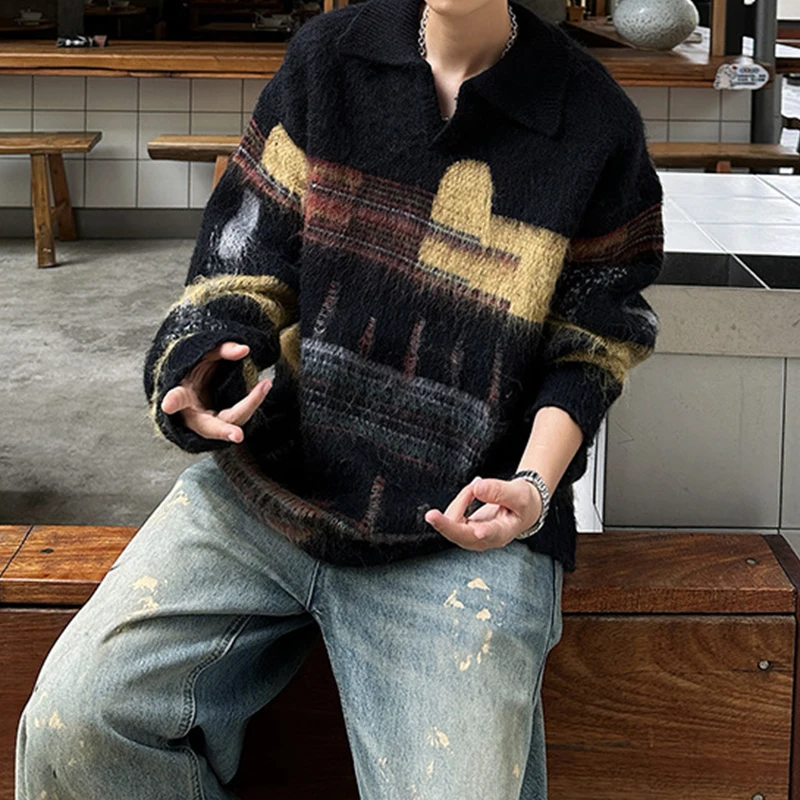 Stylish Mens Contrast Color Sweaters Autumn Winter Outdoor Casual Long Sleeve Lapel Knit Jumpers Men Vintage Knitited Polo Shirt