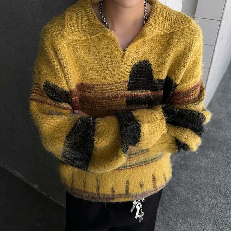 Stylish Mens Contrast Color Sweaters Autumn Winter Outdoor Casual Long Sleeve Lapel Knit Jumpers Men Vintage Knitited Polo Shirt
