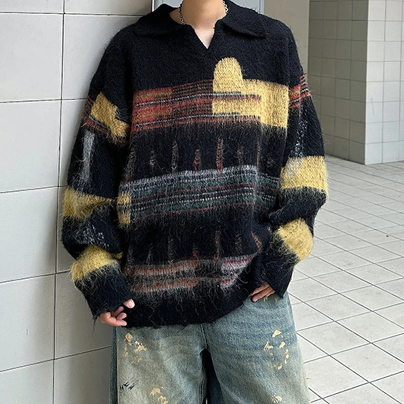 Stylish Mens Contrast Color Sweaters Autumn Winter Outdoor Casual Long Sleeve Lapel Knit Jumpers Men Vintage Knitited Polo Shirt