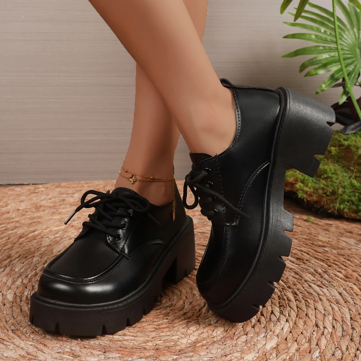 Women Block Heel Platform Oxford Shoes Lace Up Chunky Lug Sole Round Toe Vintage Preppy Casual Dress Shoes Black Brown