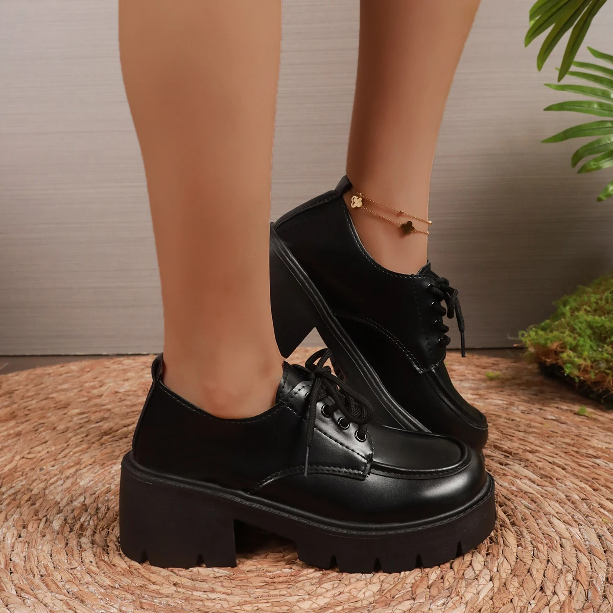 Women Block Heel Platform Oxford Shoes Lace Up Chunky Lug Sole Round Toe Vintage Preppy Casual Dress Shoes Black Brown