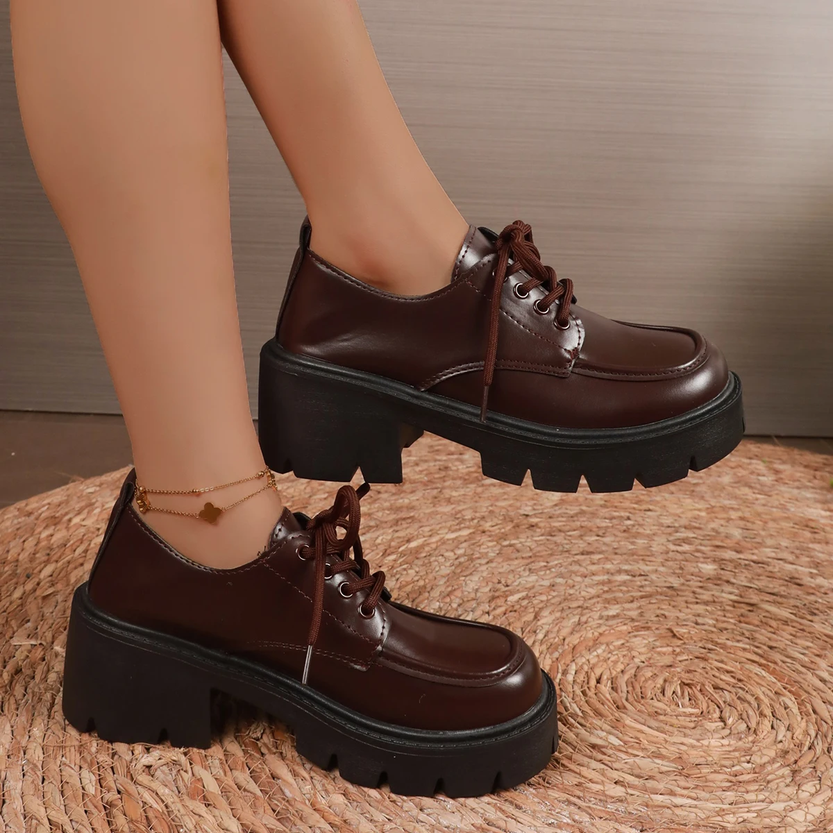 Women Block Heel Platform Oxford Shoes Lace Up Chunky Lug Sole Round Toe Vintage Preppy Casual Dress Shoes Black Brown