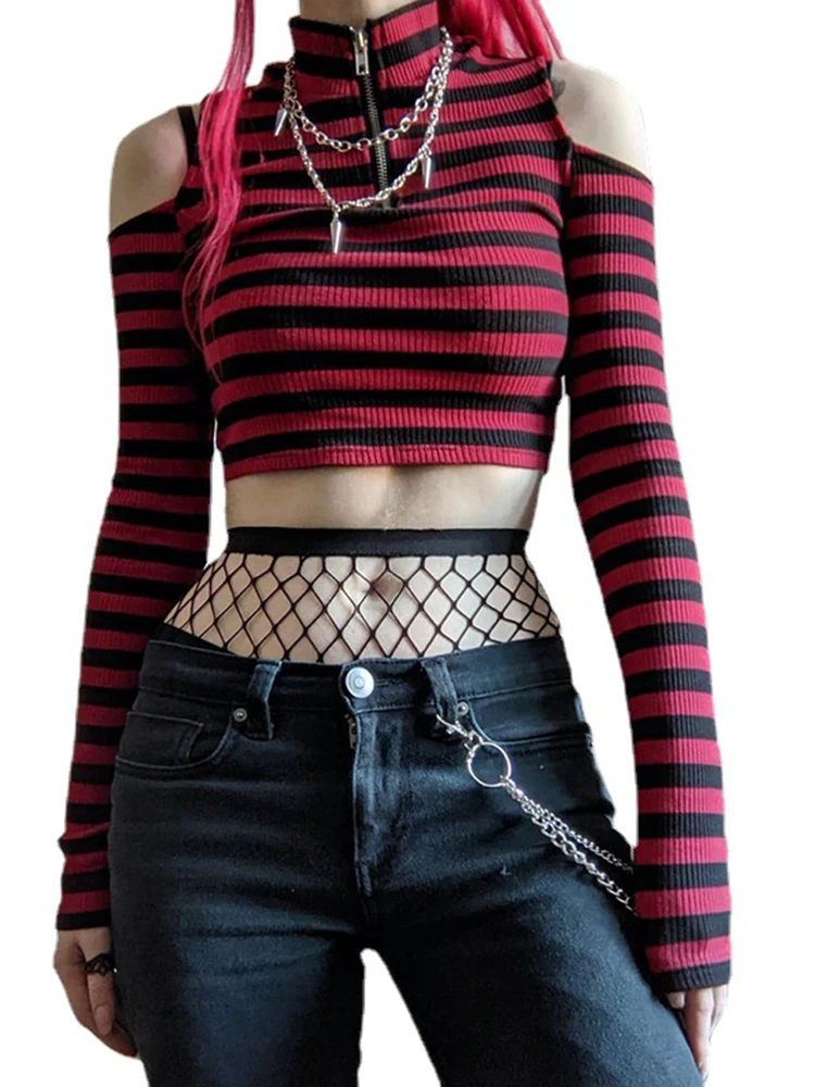 Punk Y2k Red Stripe T Shirt Women Zipper Sexy Off Shoulder Bodycon T-shirt 2000S Gothic Mall Knitted Crop Top Fairy Alt Clothes