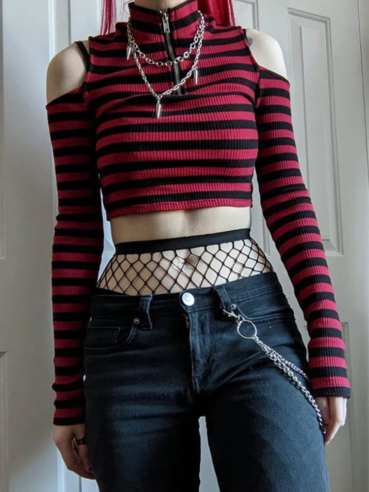 Punk Y2k Red Stripe T Shirt Women Zipper Sexy Off Shoulder Bodycon T-shirt 2000S Gothic Mall Knitted Crop Top Fairy Alt Clothes