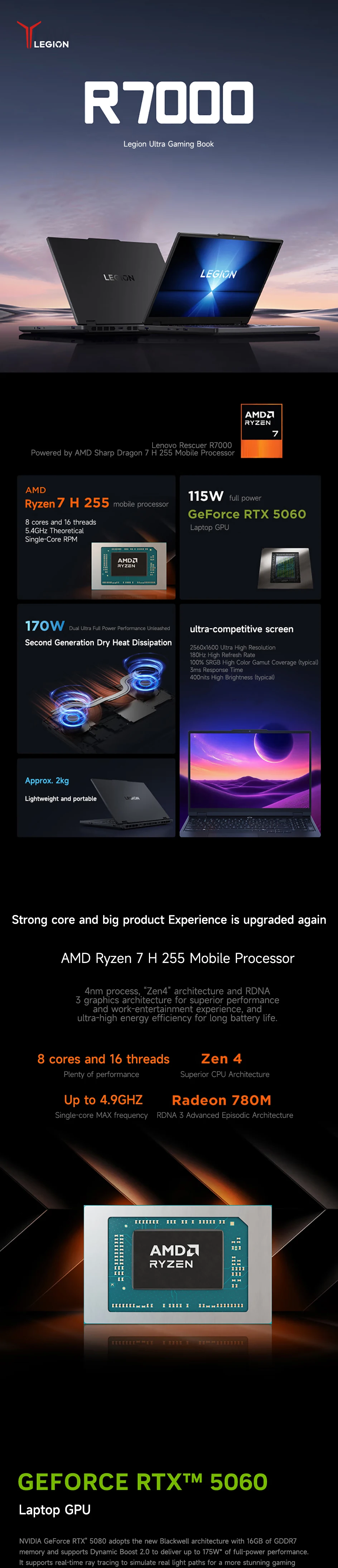 Lenovo Gaming Loptop LEGION R7000 2025 15.3" 180Hz AMD Ryzen7 H 255 16/32G DDR5 512G/1TB/2TB SSD RTX5050/5060 Gaming Notebook PC