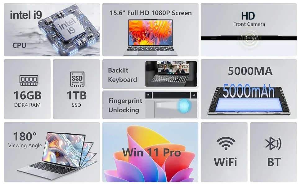 15.6" Ultraslim Laptops Intel Core i9 10980HK Fingerprint Unlock Laptop 16GB RAM 2TB SSD Windows 11 Gaming Office Study Computer