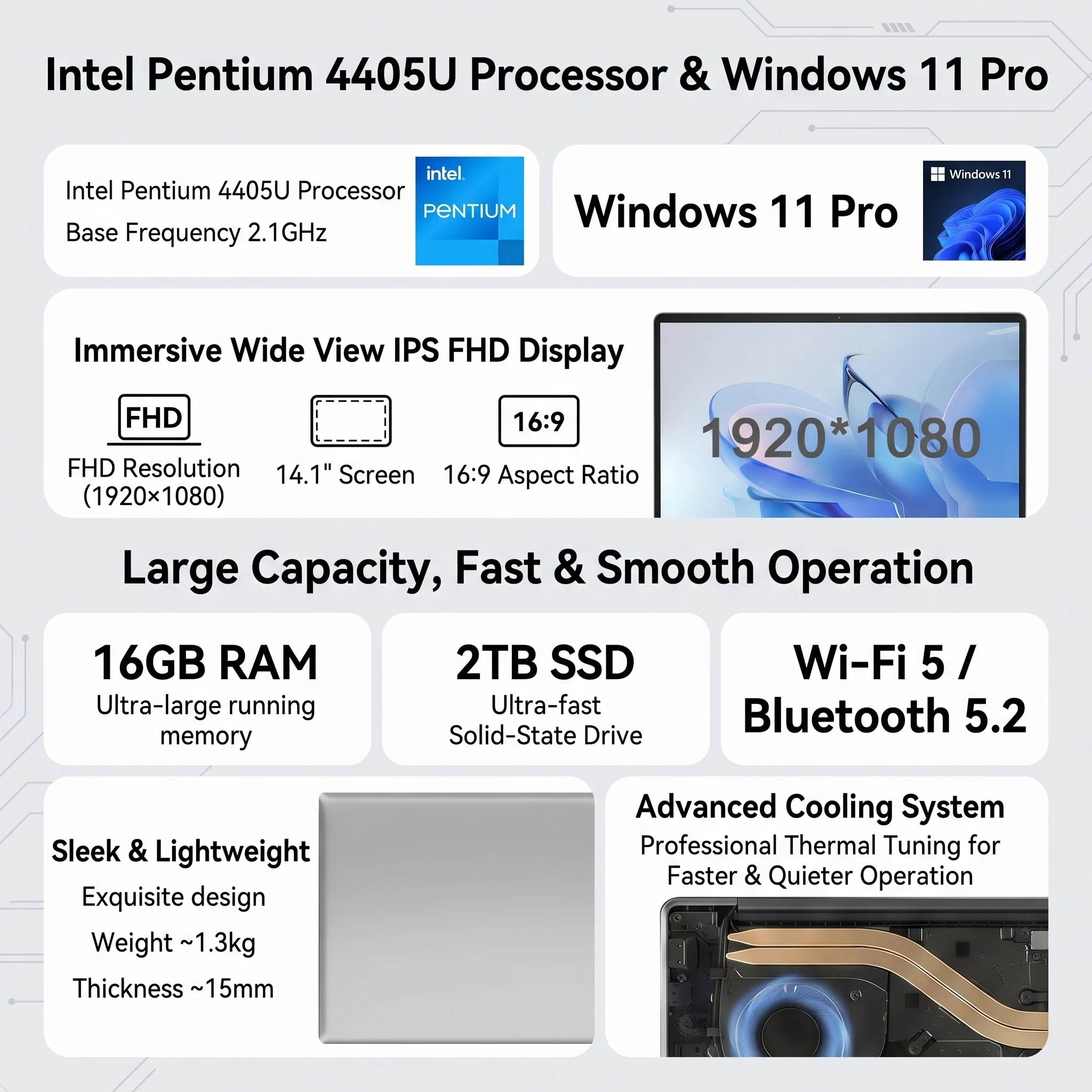 New Ultra Slim Laptop 14.1" 16Gb Ram 512Gb Ssd Intel 4405U Gaming Pc 1920*1080 Display Office Study Computer Pc Windows 11 Pro