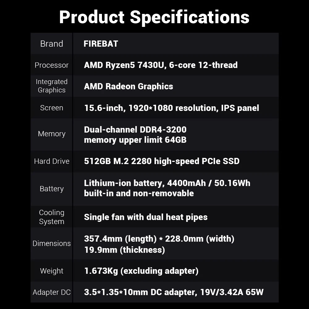 Firebat Laptop AS1 AMD R5 7430U 16GB DDR4 512GB SSD 15.6 Inch Windows 11 Notebook Type-C WIFI6 Backlit Full-size Keyboard