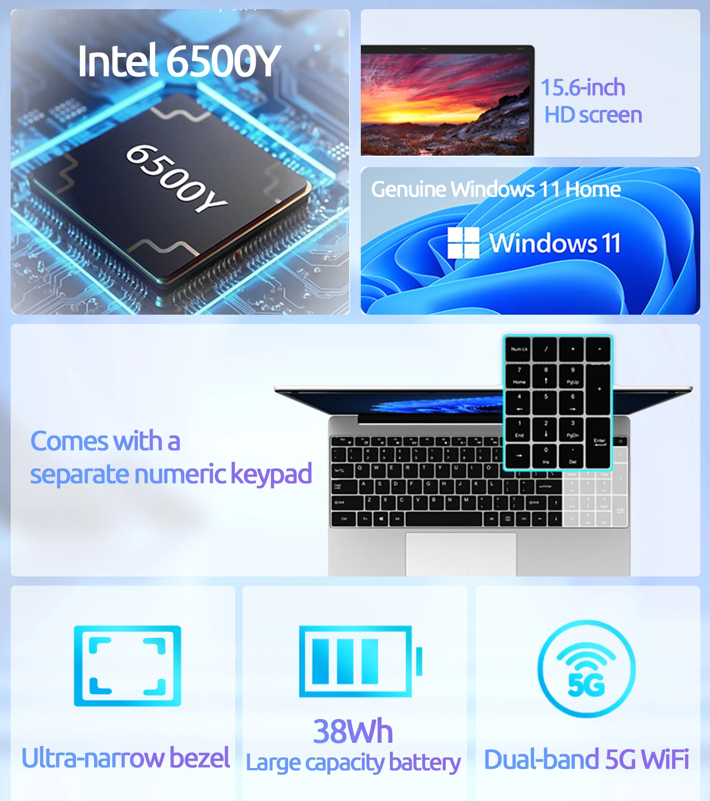 Jumper Laptop 15.6-inch FHD display, 16GB RAM 512GB SSD (Expandable by 512GB via TF card), 6500Y Processor(up to 3.4GHz), Lightweight Notebook for Business and Students, 2 Stereo Speakers/Type-C/USB 3.0/Numeric keypad