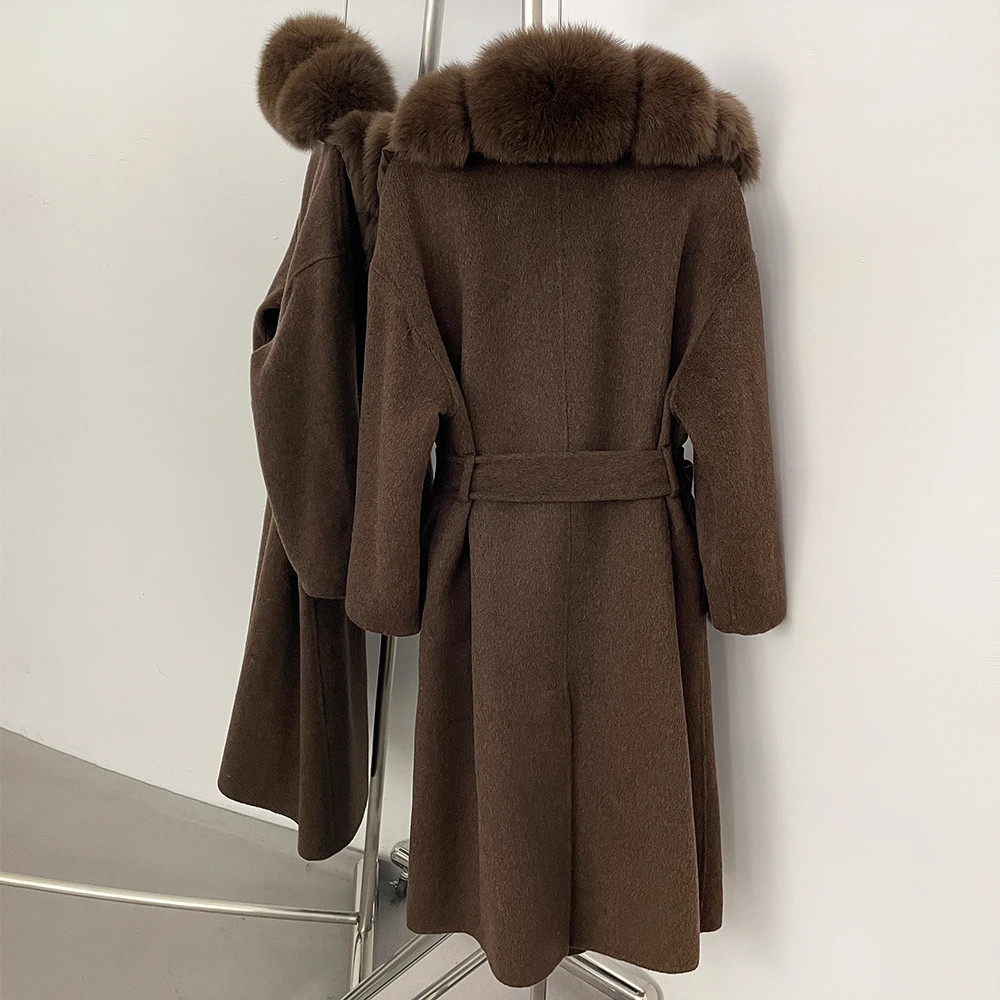 OFTBUY New Luxury Winter Clothes Outerwear Women Mid-Length 100% Wool Coat Real Fox Fur Collar Belted Wrap Woolen Jacket Female