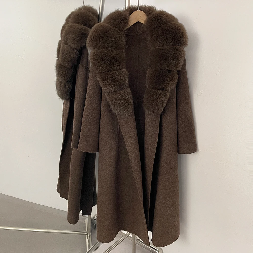 OFTBUY New Luxury Winter Clothes Outerwear Women Mid-Length 100% Wool Coat Real Fox Fur Collar Belted Wrap Woolen Jacket Female