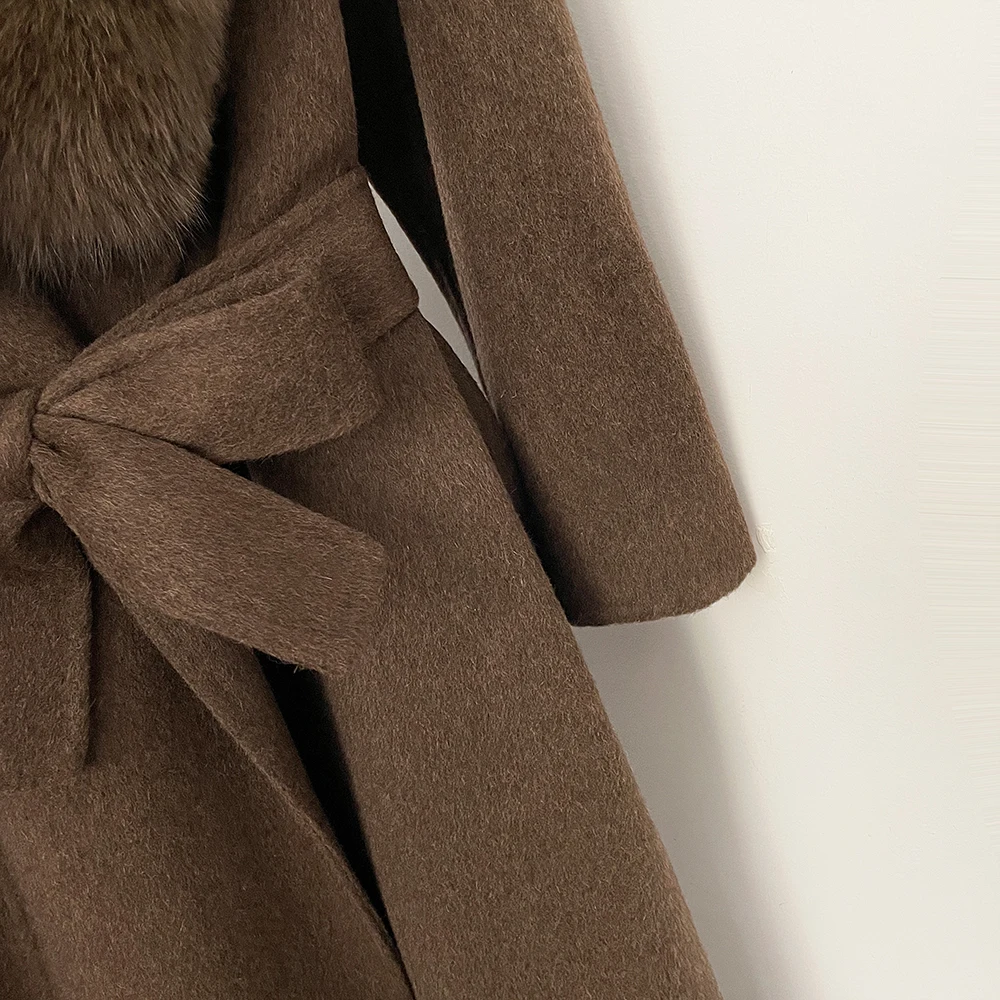 OFTBUY New Luxury Winter Clothes Outerwear Women Mid-Length 100% Wool Coat Real Fox Fur Collar Belted Wrap Woolen Jacket Female