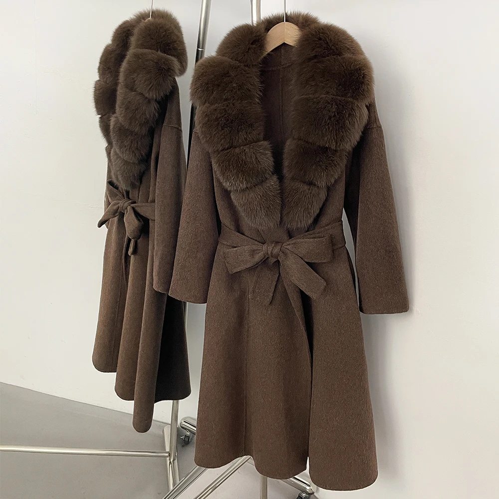 OFTBUY New Luxury Winter Clothes Outerwear Women Mid-Length 100% Wool Coat Real Fox Fur Collar Belted Wrap Woolen Jacket Female