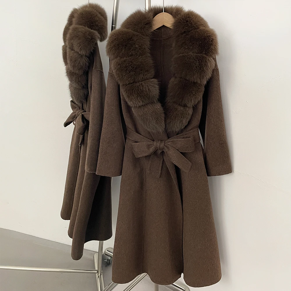 OFTBUY New Luxury Winter Clothes Outerwear Women Mid-Length 100% Wool Coat Real Fox Fur Collar Belted Wrap Woolen Jacket Female