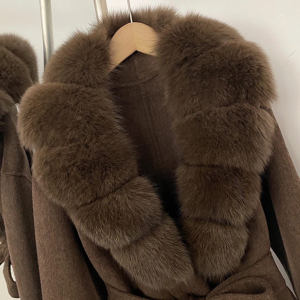 OFTBUY New Luxury Winter Clothes Outerwear Women Mid-Length 100% Wool Coat Real Fox Fur Collar Belted Wrap Woolen Jacket Female