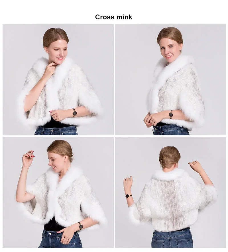 Ms.MinShu Women's Shawl Sleeveless Hand Woven Natural Mink Cape With Fox Fur Collar Trim