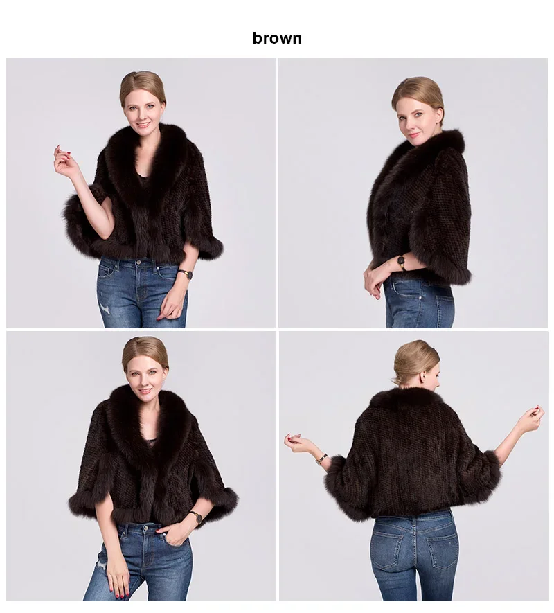 Ms.MinShu Women's Shawl Sleeveless Hand Woven Natural Mink Cape With Fox Fur Collar Trim