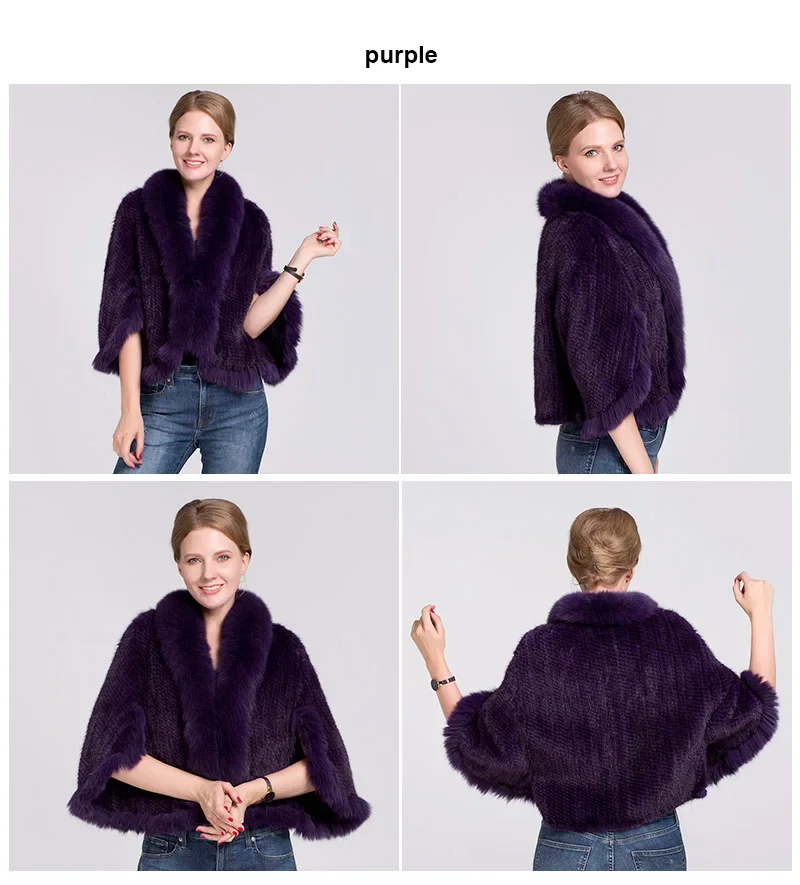 Ms.MinShu Women's Shawl Sleeveless Hand Woven Natural Mink Cape With Fox Fur Collar Trim
