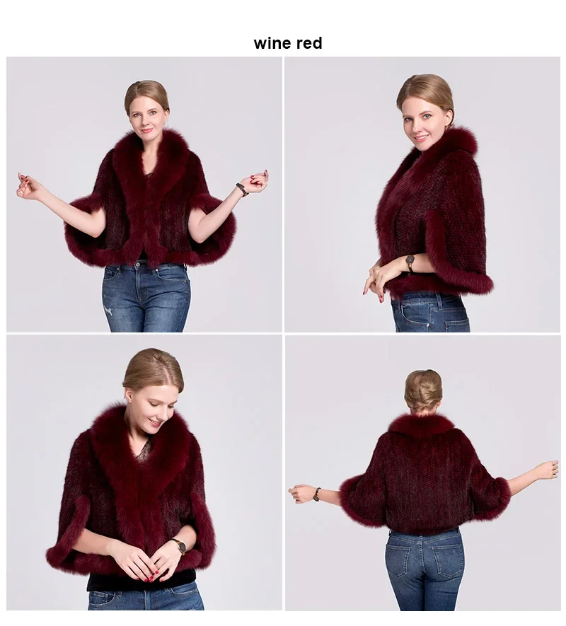 Ms.MinShu Women's Shawl Sleeveless Hand Woven Natural Mink Cape With Fox Fur Collar Trim