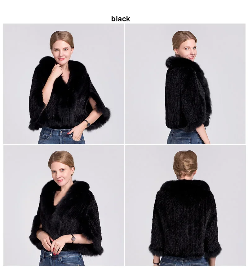 Ms.MinShu Women's Shawl Sleeveless Hand Woven Natural Mink Cape With Fox Fur Collar Trim
