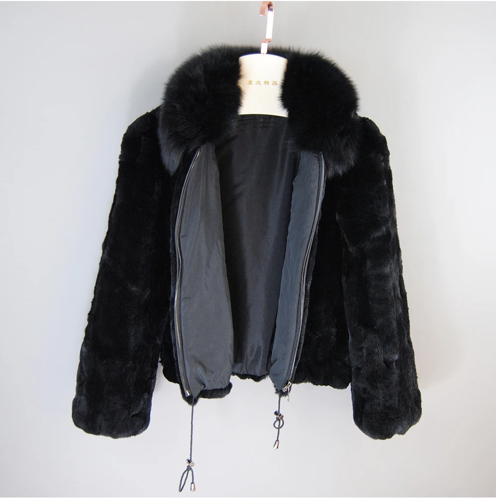 New Fashion Lady 100% Natural Rex Rabbit Fur Coat Women Winter Thick Warm Real Rex Rabbit Fur Jacket With Quality Fox Fur Collar