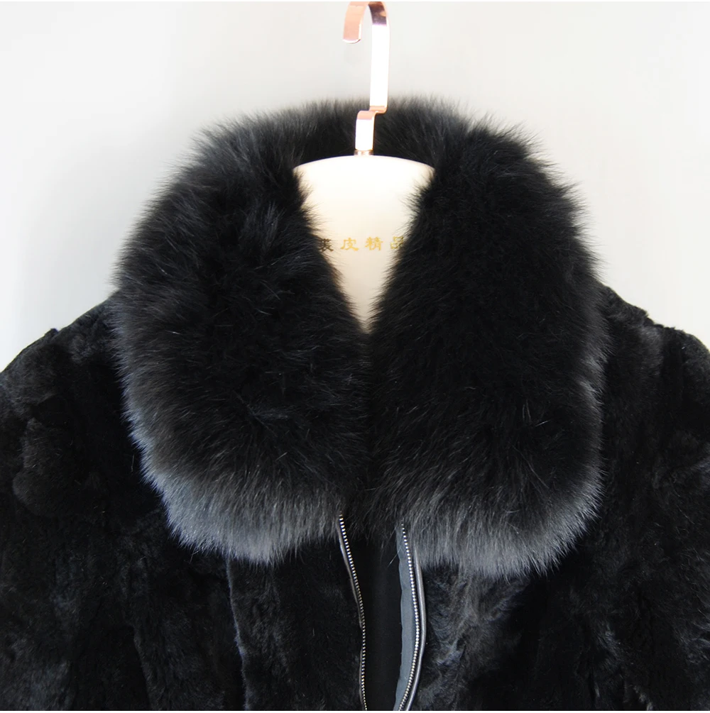 New Fashion Lady 100% Natural Rex Rabbit Fur Coat Women Winter Thick Warm Real Rex Rabbit Fur Jacket With Quality Fox Fur Collar