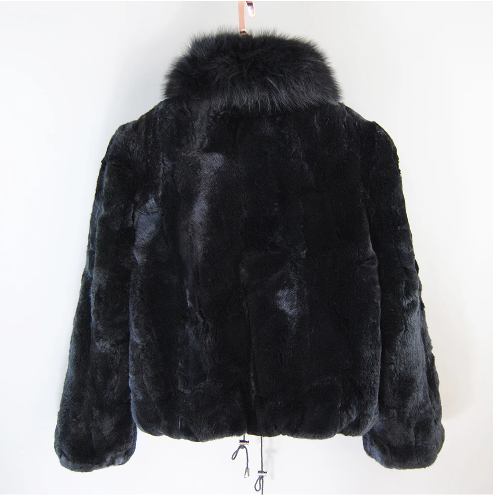 New Fashion Lady 100% Natural Rex Rabbit Fur Coat Women Winter Thick Warm Real Rex Rabbit Fur Jacket With Quality Fox Fur Collar