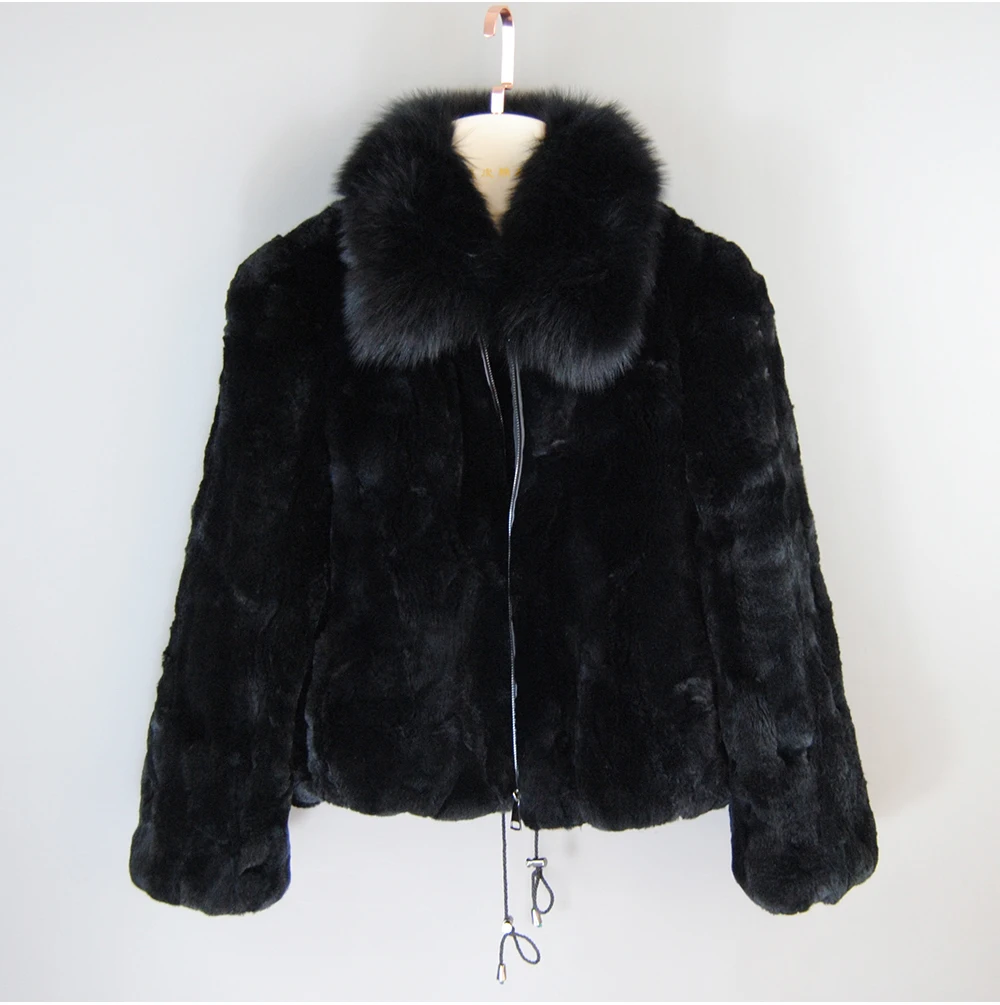 New Fashion Lady 100% Natural Rex Rabbit Fur Coat Women Winter Thick Warm Real Rex Rabbit Fur Jacket With Quality Fox Fur Collar