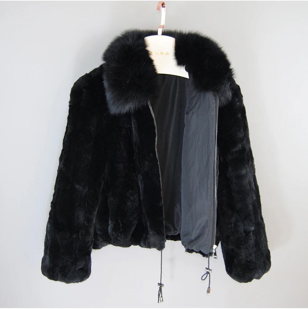 New Fashion Lady 100% Natural Rex Rabbit Fur Coat Women Winter Thick Warm Real Rex Rabbit Fur Jacket With Quality Fox Fur Collar