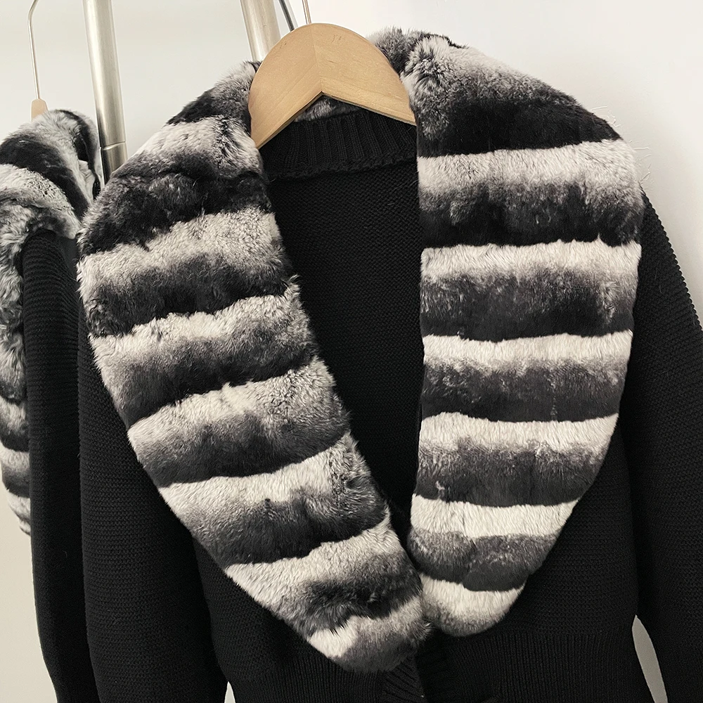 OFTBUY New Women's 100% Cotton Knit Cardigan with Striped Rex Rabbit Fur Drawstring Waist Slim Fit Jacket Warm Winter Outerwear