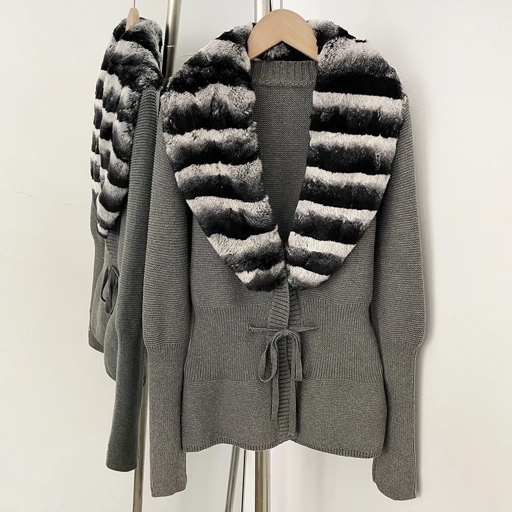 OFTBUY New Women's 100% Cotton Knit Cardigan with Striped Rex Rabbit Fur Drawstring Waist Slim Fit Jacket Warm Winter Outerwear