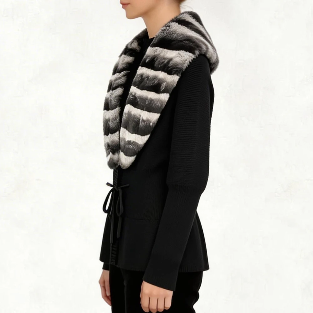 OFTBUY New Women's 100% Cotton Knit Cardigan with Striped Rex Rabbit Fur Drawstring Waist Slim Fit Jacket Warm Winter Outerwear