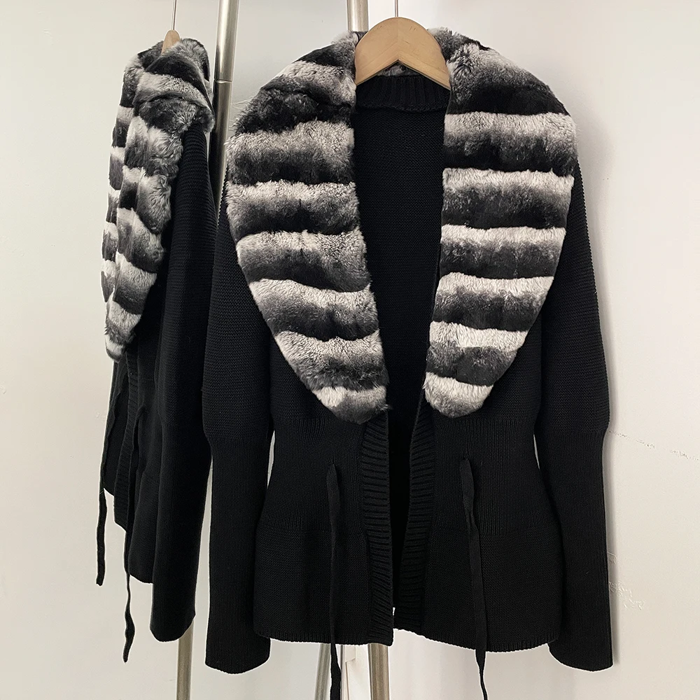OFTBUY New Women's 100% Cotton Knit Cardigan with Striped Rex Rabbit Fur Drawstring Waist Slim Fit Jacket Warm Winter Outerwear