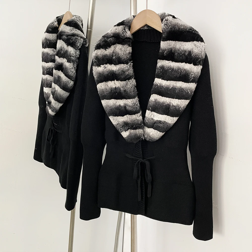 OFTBUY New Women's 100% Cotton Knit Cardigan with Striped Rex Rabbit Fur Drawstring Waist Slim Fit Jacket Warm Winter Outerwear