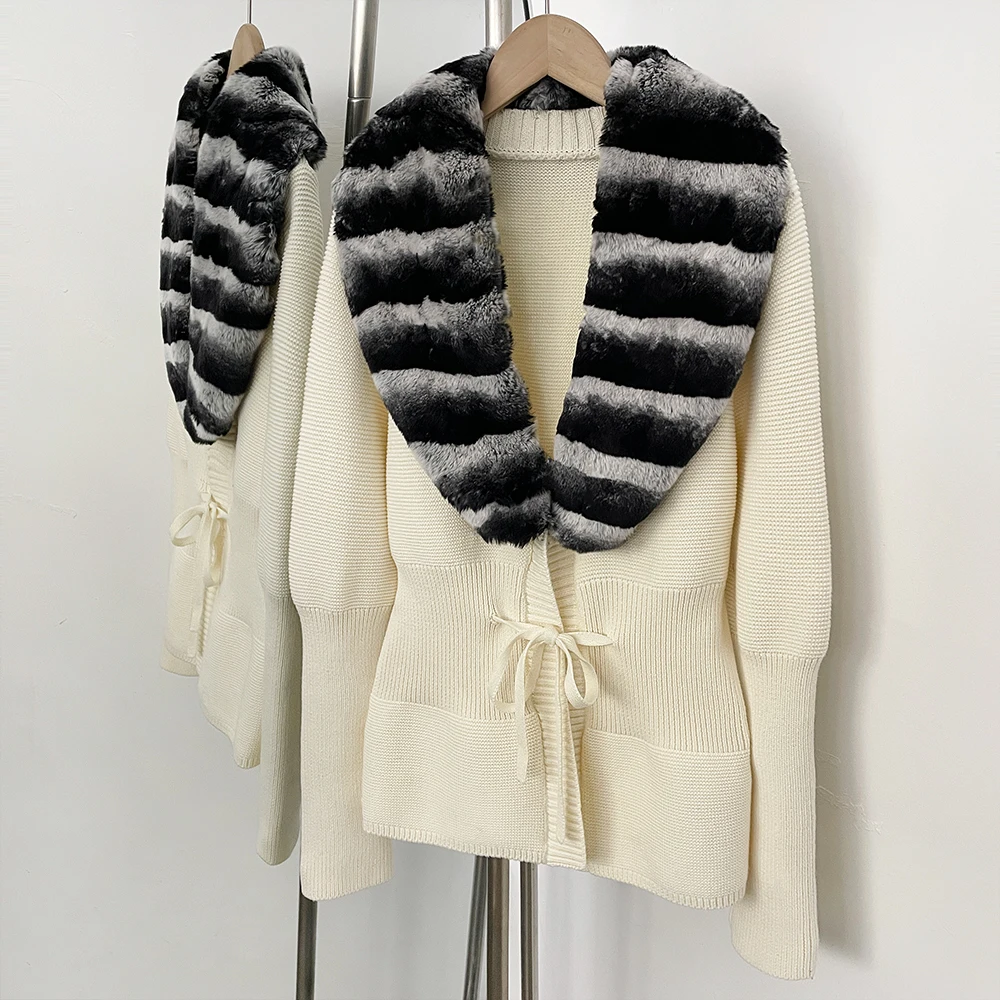 OFTBUY New Women's 100% Cotton Knit Cardigan with Striped Rex Rabbit Fur Drawstring Waist Slim Fit Jacket Warm Winter Outerwear