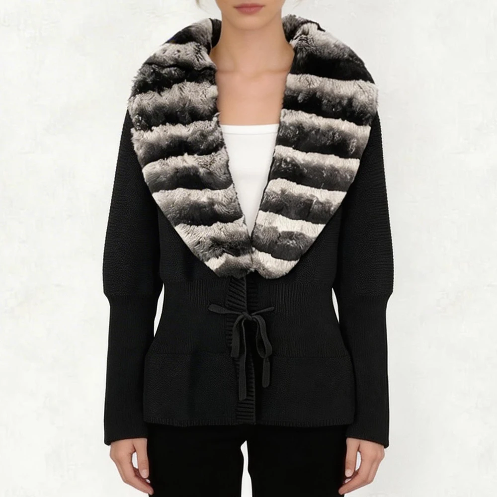 OFTBUY New Women's 100% Cotton Knit Cardigan with Striped Rex Rabbit Fur Drawstring Waist Slim Fit Jacket Warm Winter Outerwear
