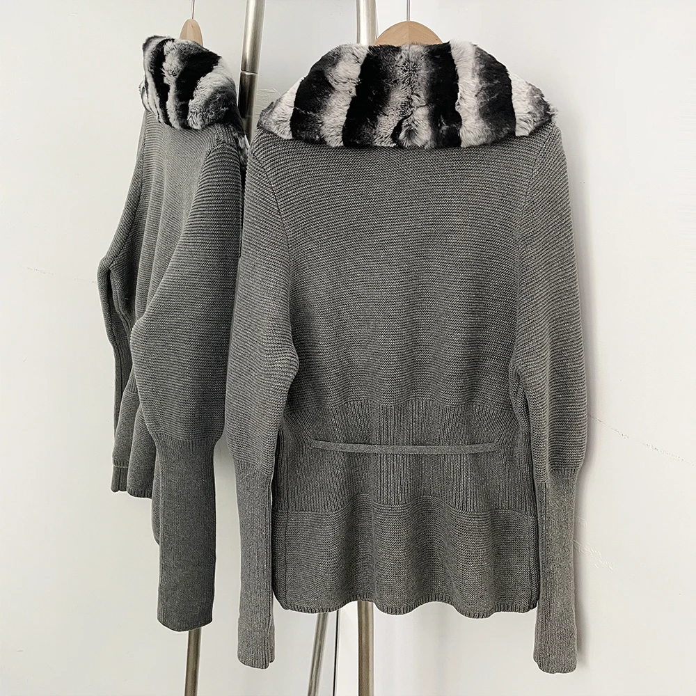 OFTBUY New Women's 100% Cotton Knit Cardigan with Striped Rex Rabbit Fur Drawstring Waist Slim Fit Jacket Warm Winter Outerwear