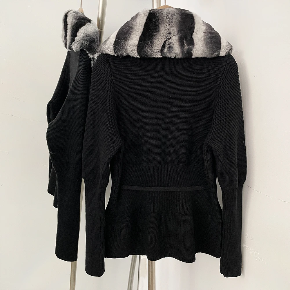 OFTBUY New Women's 100% Cotton Knit Cardigan with Striped Rex Rabbit Fur Drawstring Waist Slim Fit Jacket Warm Winter Outerwear