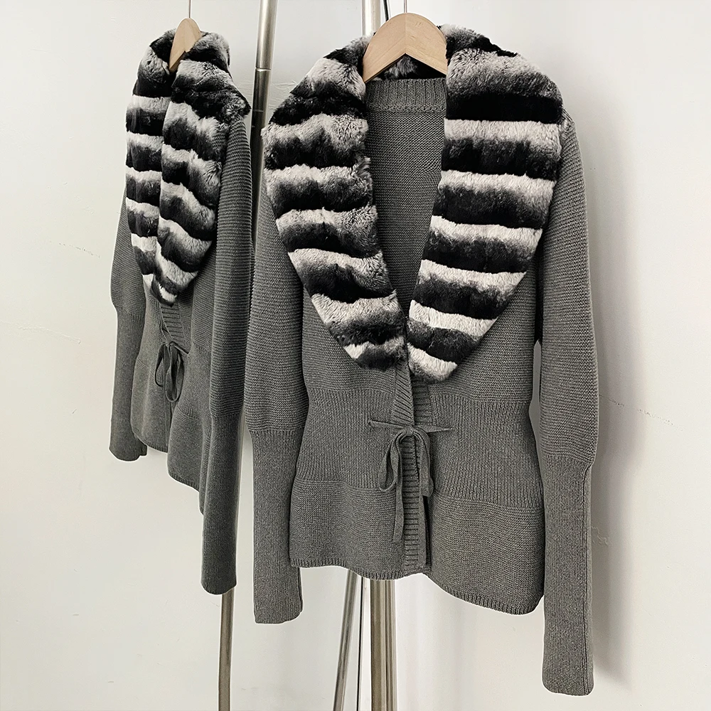 OFTBUY New Women's 100% Cotton Knit Cardigan with Striped Rex Rabbit Fur Drawstring Waist Slim Fit Jacket Warm Winter Outerwear
