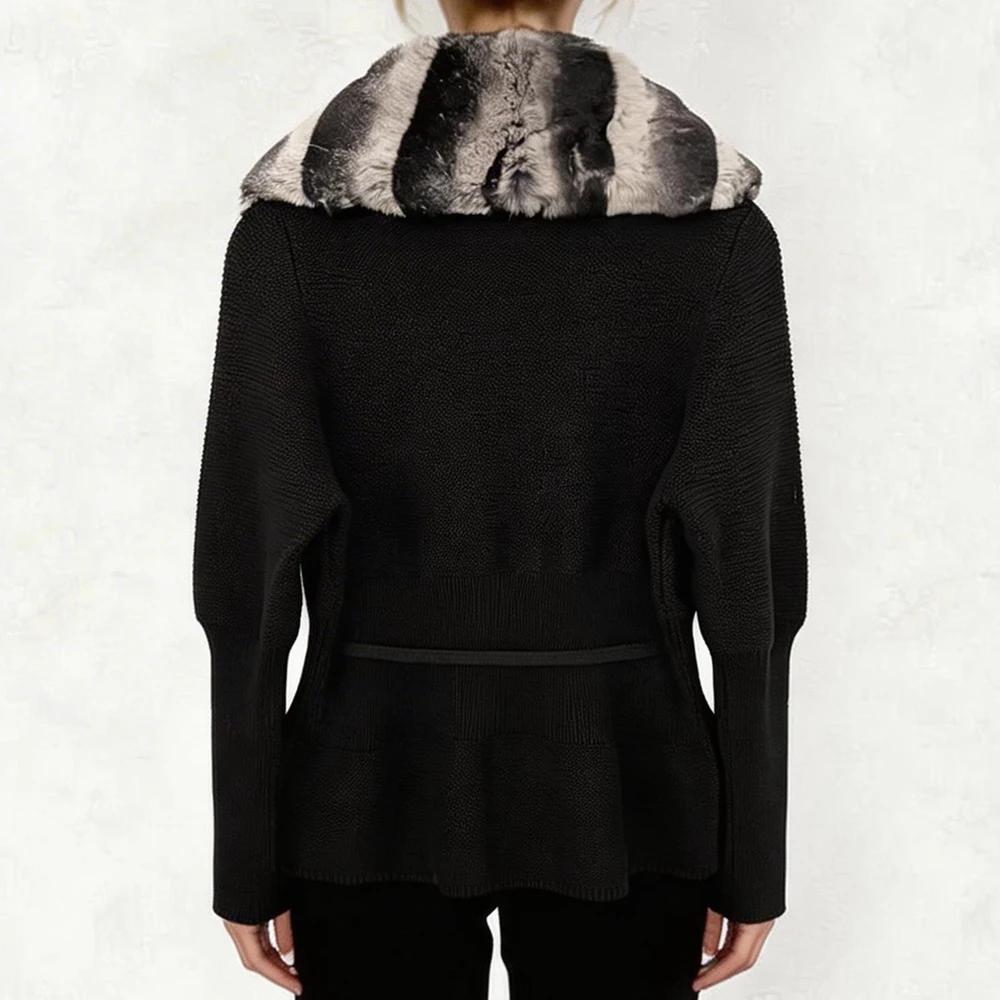 OFTBUY New Women's 100% Cotton Knit Cardigan with Striped Rex Rabbit Fur Drawstring Waist Slim Fit Jacket Warm Winter Outerwear