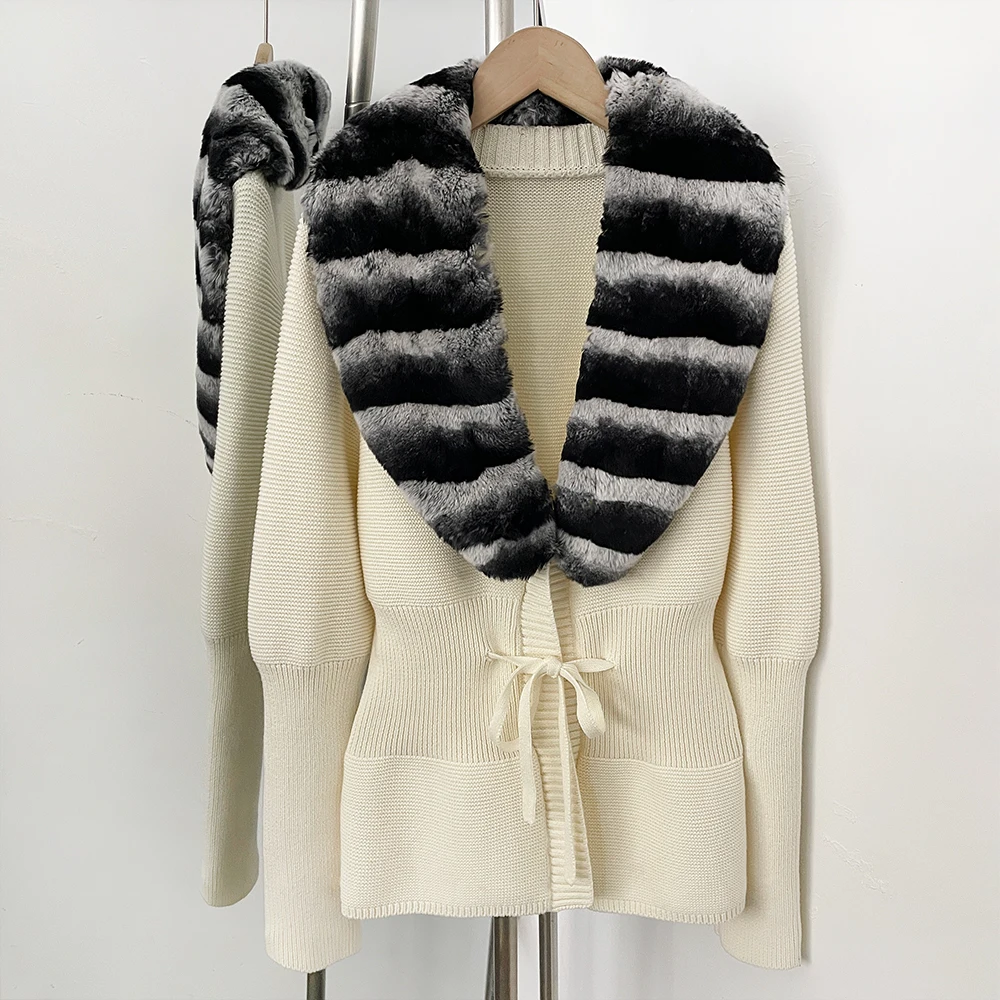 OFTBUY New Women's 100% Cotton Knit Cardigan with Striped Rex Rabbit Fur Drawstring Waist Slim Fit Jacket Warm Winter Outerwear
