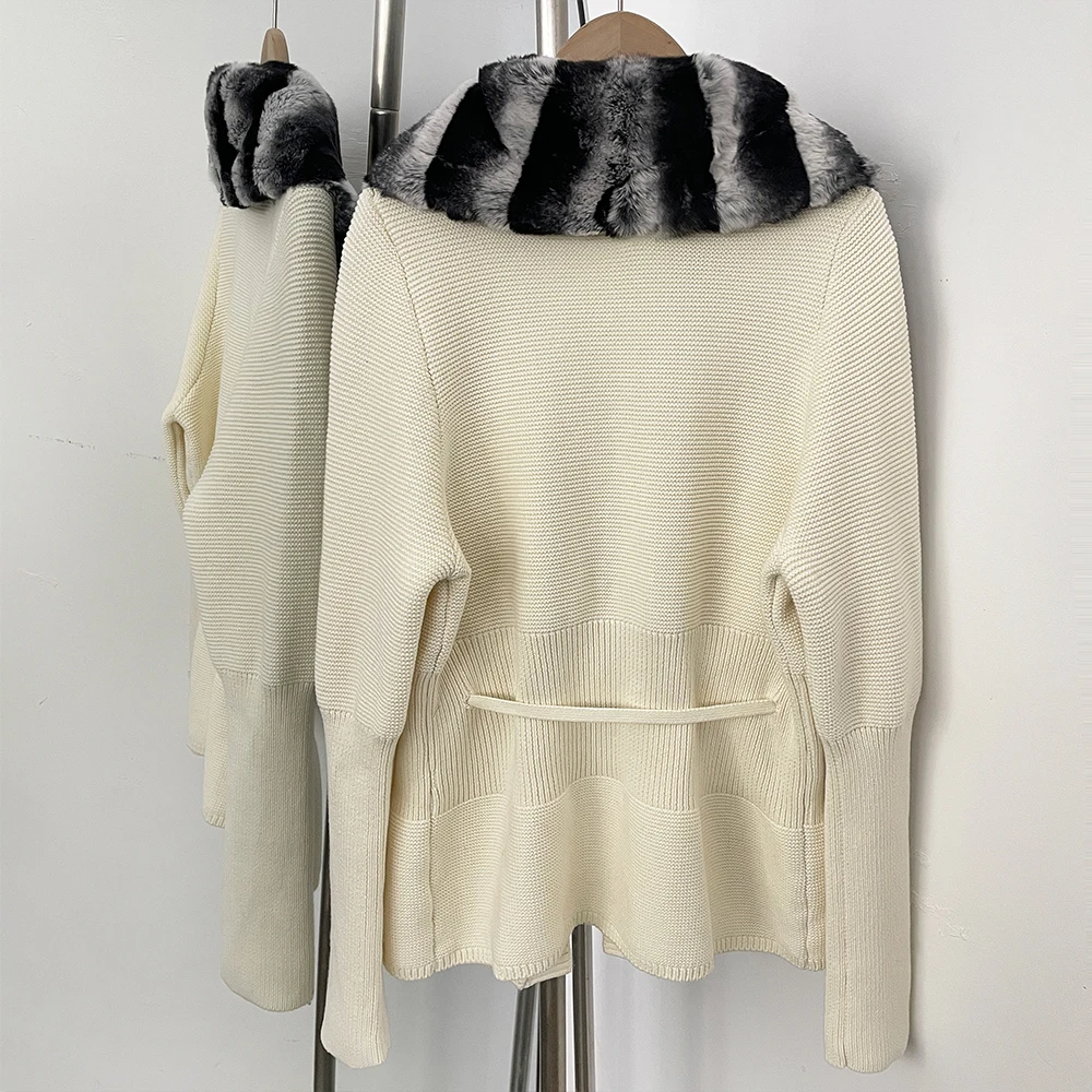 OFTBUY New Women's 100% Cotton Knit Cardigan with Striped Rex Rabbit Fur Drawstring Waist Slim Fit Jacket Warm Winter Outerwear