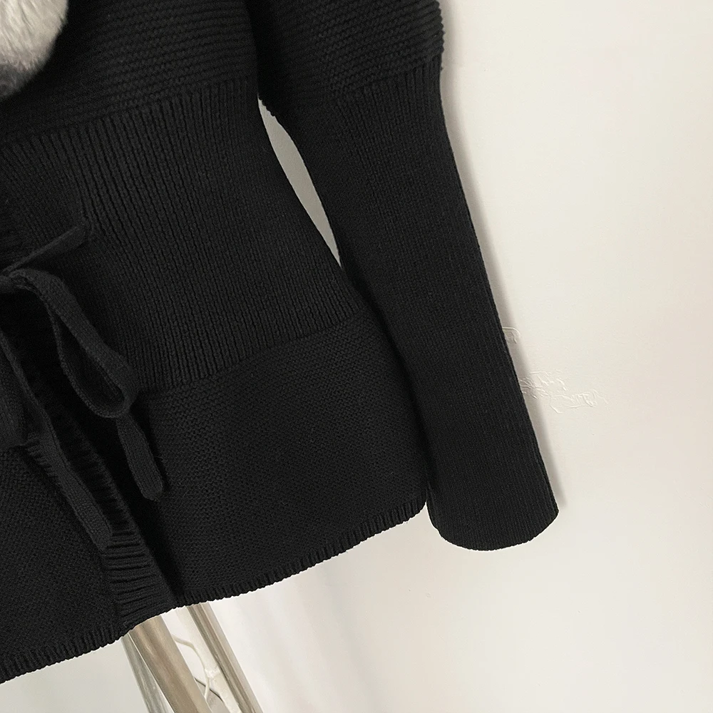 OFTBUY New Women's 100% Cotton Knit Cardigan with Striped Rex Rabbit Fur Drawstring Waist Slim Fit Jacket Warm Winter Outerwear