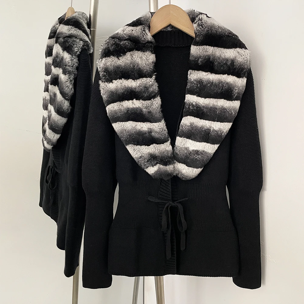 OFTBUY New Women's 100% Cotton Knit Cardigan with Striped Rex Rabbit Fur Drawstring Waist Slim Fit Jacket Warm Winter Outerwear