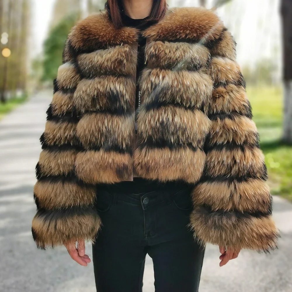 2026 Maomaokong Real Fur Coat Women Natural Raccoon Fur Jacket Female Winter Warm Fox Fur Coat High Quality Long Sleeve With Hat
