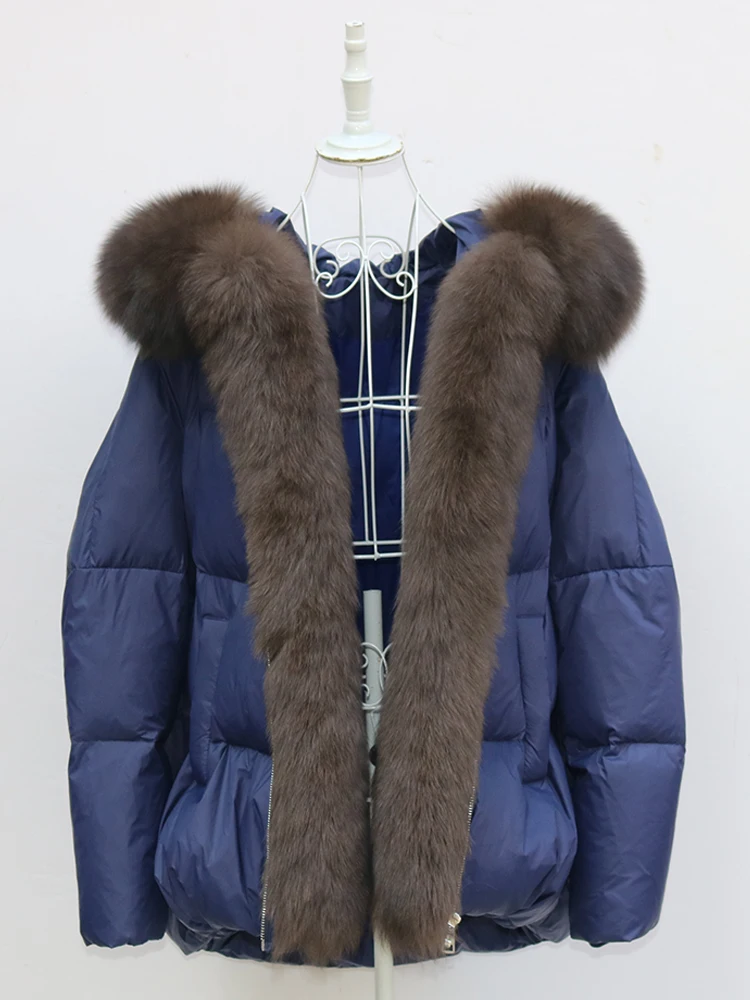 New Fashion Outerwear Puffer Jacket 2024 Women Coat White Duck Down Jacket Super Large Real Silver Fox Fur Collar Hooded